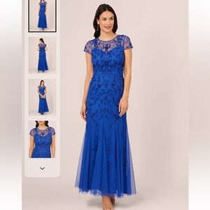 Adrianna Papell Royal Blue Beaded Tulle Maxi Dress